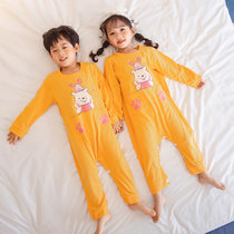Bear boys one-piece pajamas spring and autumn childrens cotton childrens autumn girls thin long-sleeved childrens kick-off sleeping bag