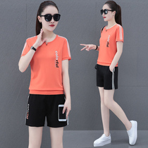BBQ ice silk shorts casual sports suit womens summer 2021 new loose Western style round neck short sleeve two-piece set