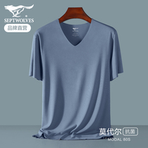 Seven Wolves Ice Silk Short Sleeve T-shirt Male Summer Thin Modale Seamless Antibacterial One-Piece Men V Collar Body Shirt