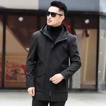 Middle-aged and elderly mens long trench coat fathers new business hooded jacket grandfather autumn and winter coat