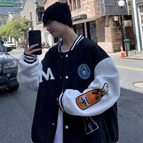 Flocked baseball jersey jacket mens spring and autumn season Hong Kong wind ins tide brand loose plus size jacket 2022 new menswear
