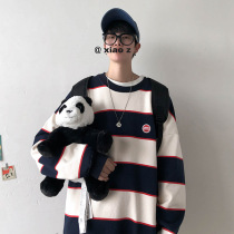Striped sweater mens spring and autumn season tide ins super fire top clothes Fat large size Korean version of the trend Port wind casual jacket