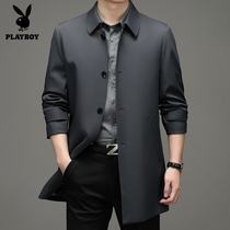 Playboy lapel collar mens windbreaker long spring and autumn business leisure British style coat dad jacket