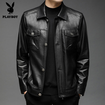 Playboy leather men Spring and Autumn casual lapel short locomotive clothing leather jacket trend handsome mens coat