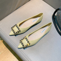 Uncle MJ water drill square buckle single shoe woman spring autumn new fashion pointed shallow mouth 100 hitch flat bottom soft-bottom ladyshoe