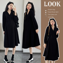 Осенний костюм для беременных 2023 Новое платье большого размера черное тонкое V воротничок зимняя юбка