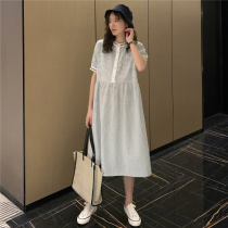 Maternity dress summer skirt Korean version of the small fresh can breastfeed feeding skirt in the long section of cotton and linen plaid dress tide