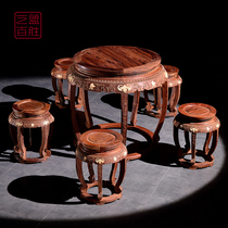 Art franchise Hundred Wins Micro Concave Yellow Sandalwood Five Foot Round Table Chinese Sculpture Flower Round Table Drum Stool Composition Red Acid Branches Table (White Embryo)
