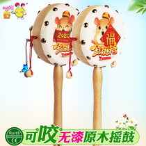 Zodiac painting baby rattle Log handle Huolang drum Cowhide rocking drum Newborn childrens wooden toy hand drum