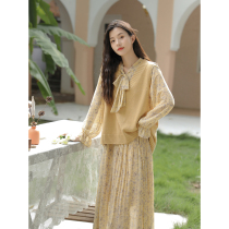 Early fall new 2022 skirt vest stacked wearing two-piece set temperament long sleeve chiffon floral dress womens long skirt