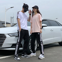 Couples Summer Short Sleeve Long Pants Sports Casual Suit Pure Cotton Round Collar T-shirt Breathable Thin style Fitness Suit two sets
