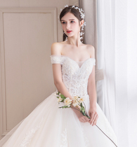 One-word shoulder main wedding dress 2021 new bride big tailing luxury temperament pregnant woman French cover thick arm small man