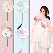 Translucent long handle Group fan ancient wind fan embroidery dance fan female Chinese style Hanfu cheongsam ancient costume small round fan