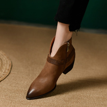 Yingren Wind Fried Street Small Short Boots Woman Spring Autumn Single Boots Woman Heel Pointed Coarse Heel Retro Brown Genuine Leather Ankle Boots Woman