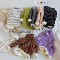 Girls plus velvet bottoming shirt spring and autumn children autumn and winter high collar striped T-shirt baby girl winter dress foreign style jacket
