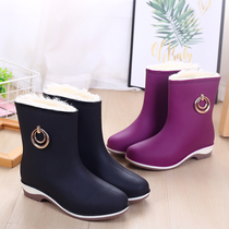 Winter waterproof shoes women plus velvet warm thickened middle tube non-slip integrated velvet cotton rain boots kitchen work rubber shoes rain boots