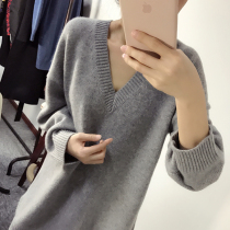 2021 autumn and winter New cashmere sweater womens pullover long loose V collar thick wool base shirt temperament