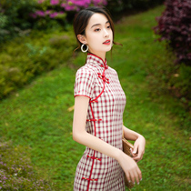 Red plaid cheongsam modified version of the 2021 new summer Chinese style young girl medium-long dress