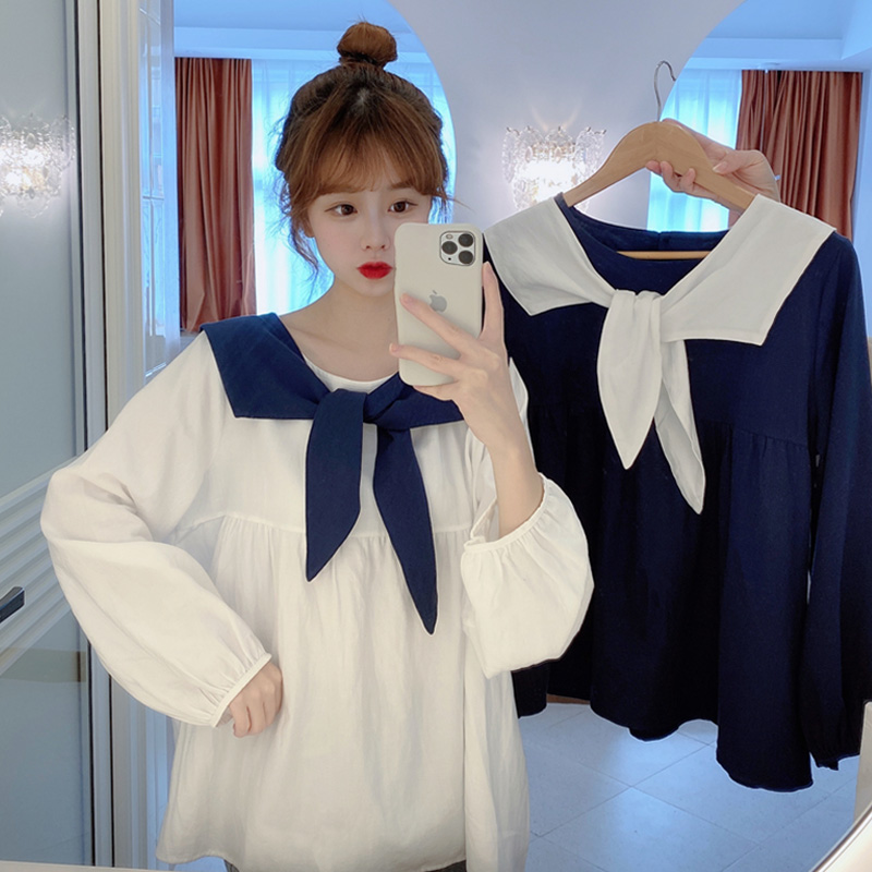 College wind cute top color navy collar shirt long-sleeved doll shirt female design sense small crowd spring dress