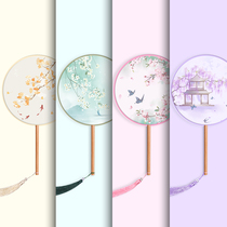 Translucent long handle group fan Ancient style fan Embroidery dance fan Childrens female summer Chinese style Hanfu Cheongsam small round fan