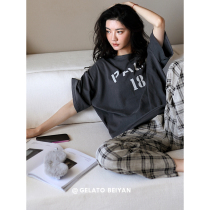 Beyan Pure Cotton Pyjamas Womens Summer Short Sleeve Long Pants Suit Fashion Casual Plaid Pants Can Wear Big Code Home Clothing