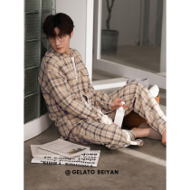 Bei Yan long sleeve pajamas mens spring and autumn new soft and comfortable cotton homewear simple plaid mens plus size set