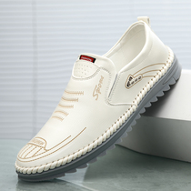 Mens shoes spring breathable casual leather shoes 100 lap fashion set foot Korean version trend One foot pedal driving Lefoe shoes man