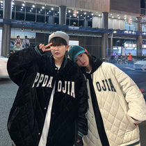 Winter tide brand ins padded plus velvet couples cotton-padded men's loose large size diamond-shaped cotton-padded jacket baseball jacket men's