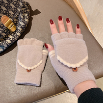 Korean version of cute finger flap gloves female winter tide thickened warm cold knitted half finger gloves students write