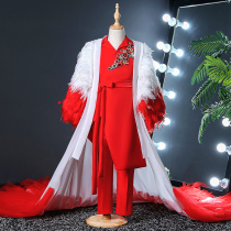Rental childrens high-end Chinese style boys new national tide model catwalk red atmospheric tail evening dress performance suit