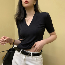 Deep V-neck short sleeve womens autumn new Korean slim T-shirt base shirt inside sexy careful machine tight cotton top