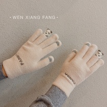 ins gloves Winter female cute little panda plus velvet warm cold-proof cycling students windproof touch screen winter