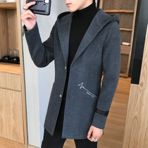 Windbreaker men 2021 Spring and Autumn New Korean trend slim handsome long hooded winter woolen coat