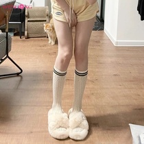 Net Red Calf Socks Womens Spring Summer Middle Tubes Slim Leg Striped Hollowed-out Long Silo Socks Japan 100 Hitch Academy Wind Cotton Socks