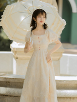 Valley seven seven Guqiqi retro embroidery square collar Platycodon grandiflorum dress bubble sleeve temperament girl short sleeve Medium-length dress summer