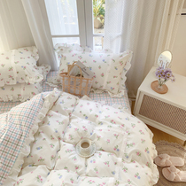 Ladies Princess Wind Comfort Pure Cotton Four Pieces Flower Girl Full Cotton Bed Pint Naked Sleeping Pure Cotton Quilt Cover Bed Hat Kit