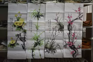 中国古美術★純手描き四条屏・梅兰竹菊画芯★国画・鄭板橋印款・肉筆・宣紙・带水印 梅兰竹菊四条屏纯手绘画芯-梅兰竹菊四条屏纯手绘画芯促销价格、梅兰竹