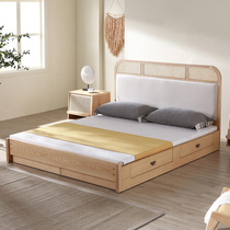 Nordic rattan solid wood bed simple Master Bedroom 1 8 meters 1 5m storage high box Japanese log double bed economy