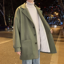 Woolen coat mens autumn and winter loose tide brand plus velvet thickened lapel collar windbreaker winter Cthulhu lamb wool coat
