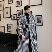 Tide brand very simple wind bird grid coat long knee waist thick trench coat temperament autumn winter coat man