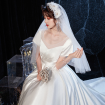 French light wedding dress white satin 2021 New Hepburn size fat mm high waist pregnant women belly heavy industry main wedding dress