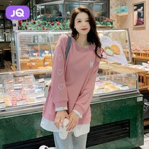 The Jing Kiri Gestational Woman Dress 2022 Spring Clothing Fashion Net Red Round Collar Fake two blouses with long sleeves bottom outside wearing spring clothes