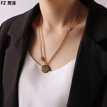 Titanium steel double-layer letter round brand necklace female retro light luxury niche design s cold wind sweater chain clavicle chain