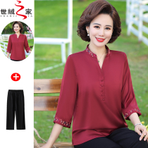 Middle-aged large size silk shirt Womens middle sleeve mulberry silk top Fat mother summer two-piece suit Western style T-shirt
