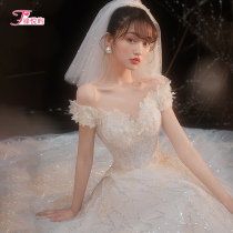 French light wedding dress 202021 new one word shoulder Super fairy dream temperament Starry Sky tail small man wedding dress