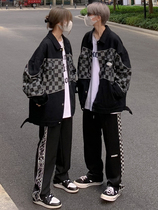 INS Hip Hop High Street Hipster Lapels Patchwork Checkerboard Jacket Men Spring Couple Casual Loose Denim Jacket