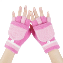 Half-finger gloves girls winter children warm plus velvet wool flip cover with open finger writing dual-purpose students cold-proof children