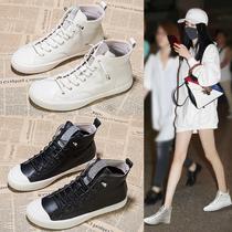 Tide brand high-top womens shoes ins tide 2021 Autumn New Wild leather flat shoes a pedal casual shoes