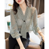Chidori plaid Chiffon shirt womens long-sleeved early autumn 2021 new loose temperament small shirt elegant age-reducing top