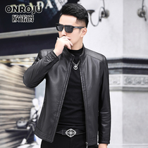Haining leather leather mens first-layer baby calfskin motorcycle autumn and winter wear slim slim leather jacket down jacket jacket